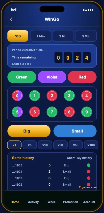 51 Game WinGo board